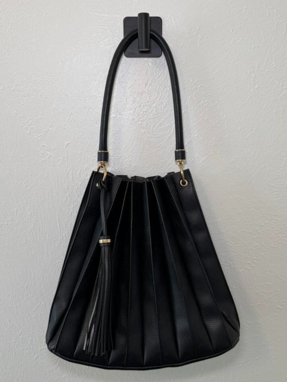 Black Pleated Shoulder Bag with Tassel and Gold Hardware | Large Handbag
